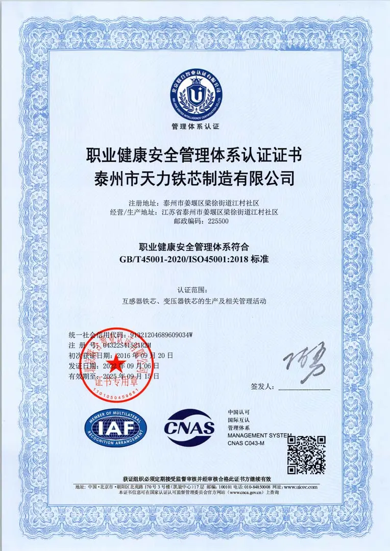 ISO45001职业健康安全管理认证证书